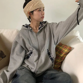 O'B Color Block Check Fleece Zip-up Hoodie