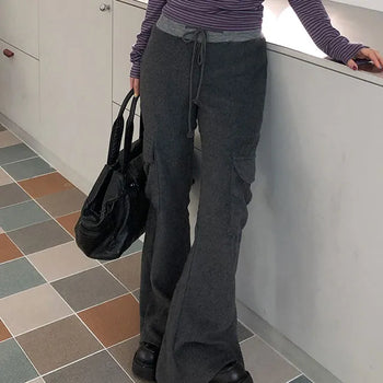 Warm Contrast Fleece Cargo Bootcut Pants