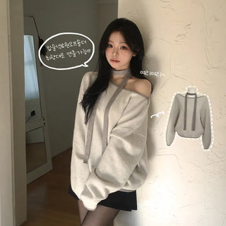 Guaranteed Beauty, Contrast Wool Choker Strap Tie Set Lip Neck One-Off Shoulder Delicate Avant-Glass Loose Fit Thick Long Sleeve Knit