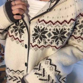 Winter Snow Zigzag Jacquard V-Neck Button Cardigan