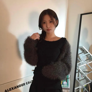 Cozy Angora Puff Sleeve Cardigan