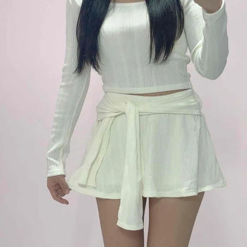 Round Cropped Long Sleeve T-shirt and Wrap Mini Skirt Set