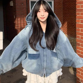 Oversized Color Block Denim Hoodie Cropped Zip-up