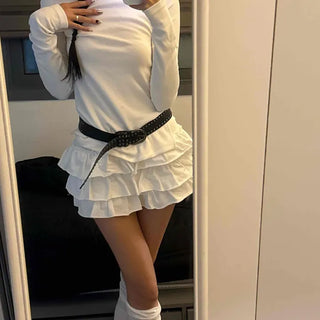 Studded Belt Set Tier Ruffle Tennis Mini Skirt