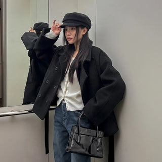 Letter Quilted High-Neck Belted Half Coat
