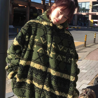 Pattern Contrast Fluffy Shearling Loose Fit Half Jumper