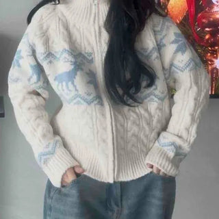 Winter Fair Isle High-Neck Cable Knit Zip-Up