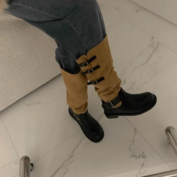 Two-tone belted long boots