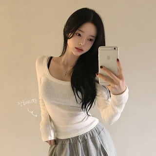 Body-Shaping Deep U-Neck Ribbed Waist-Censed Delicate Slim Fit Basic Long Sleeve T-shirt