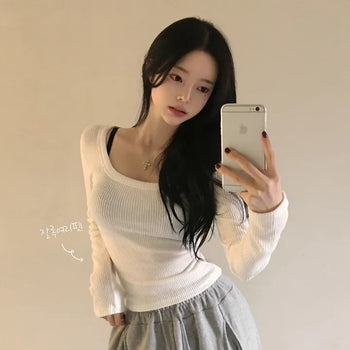 Body-Shaping Deep U-Neck Ribbed Waist-Censed Delicate Slim Fit Basic Long Sleeve T-shirt