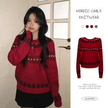 Flowing Avant-garde Fit, Melbourne Snowflake Heart Nordic Round Neck Cable Loose Fit Long Sleeve Knit