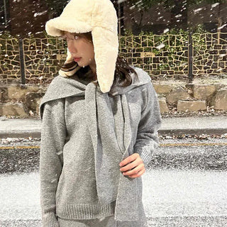 Oversized Knit Shoulder Shawl Long Pants Tracksuit Set