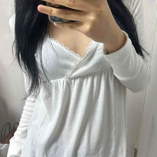 Soft Shirred Frill Lace Wrap-Style Long-Sleeve Blouse