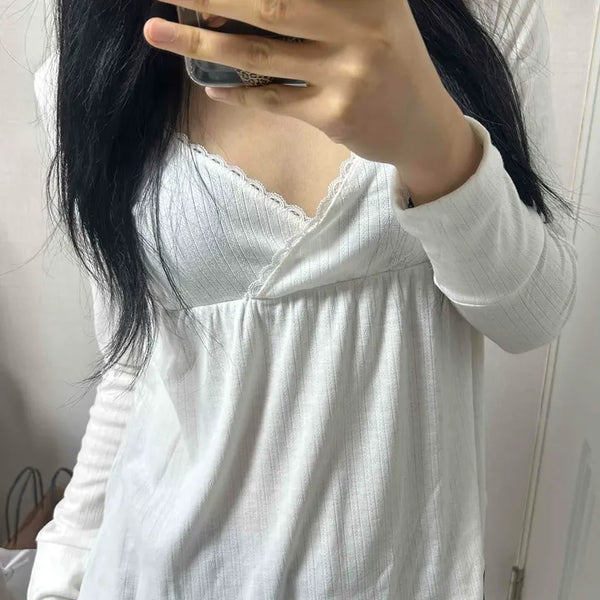 Soft Shirred Frill Lace Wrap-Style Long-Sleeve Blouse