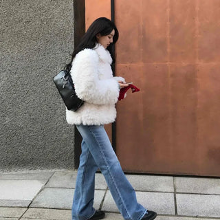 High-waisted semi-bootcut denim long pants