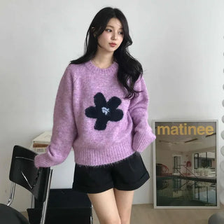 Sweet Flower Point Balloon Sleeve Knit