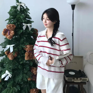 Campus V-Neck Big Collar Striped Loose Fit Knit