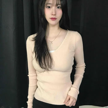 Deep V-Neck Soft Ribbed Knit