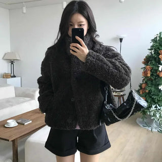 Heather Pattern Hooded Fur Loose Fit Jacket