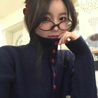 Retro Color Button Turtleneck Oversized Knit Cardigan