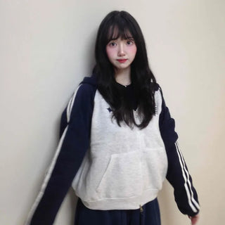 Campus Two-Tone Color Block Line Loose Hoodie