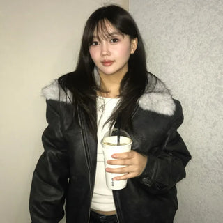 Raccoon Collar Quilted Leather Jacket