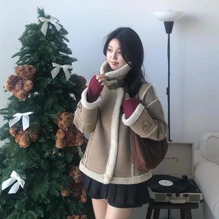 Fur-trimmed belt-point shearling jacket