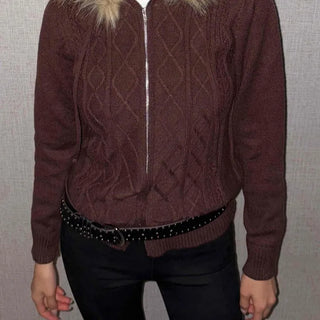 Vintage Brown Cable Knit Two-Way Zip-Up Hoodie