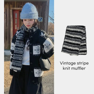 Brick Stripe Knit Muffler, Striped Hairy Long Scarf, Winter