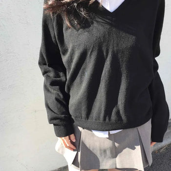 Layered Oversized V-Neck Padded Shoulder Knit