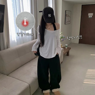 [Fleece-lined/Delicate~] Basic Boxy Fit Flowy Off-shoulder Long Sleeve Tee