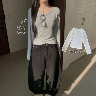 [Arm Fat Reduction/Fleece-lined Version] Modal Slim Fit Basic Inner V-Neck Long Sleeve Tee