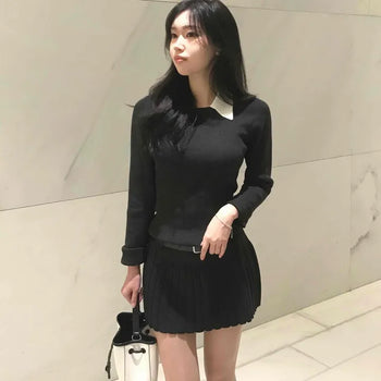 Chic collared knit pleated mini dress with belt set