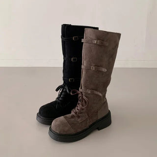 ◈Calf Cover◈Recommended for Thicker Legs◈Wide Buckle Long Boots Lace-up Combat Boots Warmer Boots Vintage Round Pleated Strap Wide-leg Spring Autumn Winter Boots