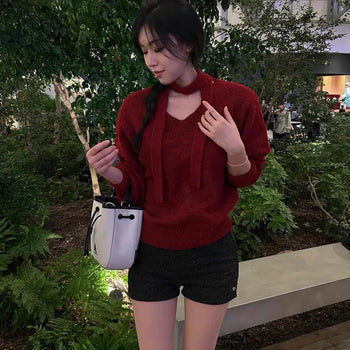 Choker Set Puff Sleeve V-Neck Knit