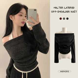 Thick Peach Brushed Halter Neck Sleeveless Layered One-piece Off-Shoulder Side-Shirred Winter Knit Long Sleeve T-shirt that looks like a layered sleeveless top