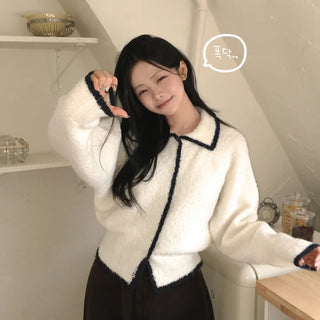 Flowing Avant-garde Fit, Wool Contrast Collar Raglan Delicate Loose Fit Knit Cardigan
