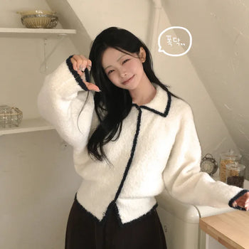 Flowing Avant-garde Fit, Wool Contrast Collar Raglan Delicate Loose Fit Knit Cardigan