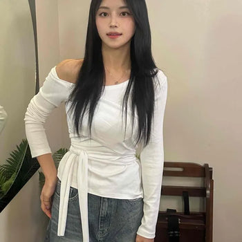 Feminine Shoulder Point Waist Ribbon Slim Long Sleeve Top