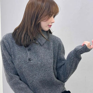 Collar Button Neck Balloon Sleeve Loose Fit Knit