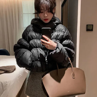 Popori Duck Down Hooded Shirred Short Padded Jacket, Duck Down, String High-Neck Crop Jumper, Lightweight Padded Jacket, Winter