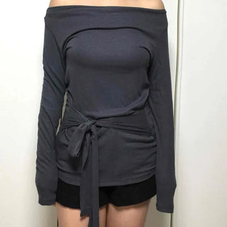Modern Belt Point Off-Shoulder Loose Fit Long Sleeve T-Shirt