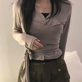Strap Point Button Cropped Long Sleeve Cardigan