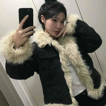 Bold fur color-block corduroy boxy fit jacket