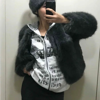 Fluffy Faux Fur Drop Shoulder Button Jacket