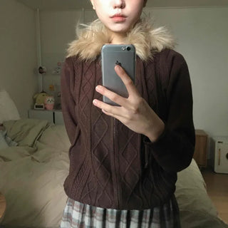 Brown vintage fur detail hooded knit zip-up