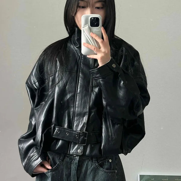 City Girl Belt Detail Oversized Rider Leather Jacket