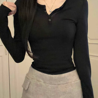 Modal Soft Button Neck Slim Fit Daily Long Sleeve T-shirt
