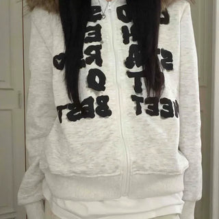 Bubble Letter Applique Oversized Zip-Up Hoodie