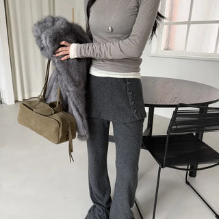 Heka Button Skirt Layered Bootcut Knit Pants